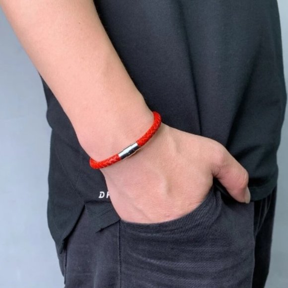 Men's Red Braided Leather Stainless Steel Bracelet - Picture 2 of 7